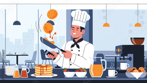 Chef flipping pancake in pan. Modern flat vector breakfast cooking illustration in clean solid color style