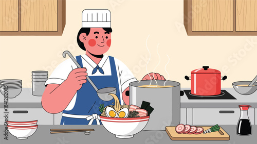 Chef preparing ramen bowl with steaming broth. Modern flat vector Japanese cooking illustration in solid tones