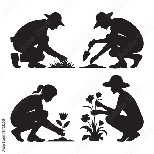 PPrimary Title: Gardening Silhouette Vector Set. Man and Woman Planting, Working in the Garden, or Tending to Flowers. Farmers or Horticulture Workers Icons.rint