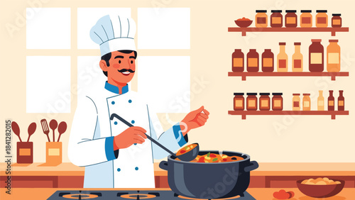 Chef cooking curry in pot surrounded by spices. Modern flat vector culinary illustration with clean solid color style