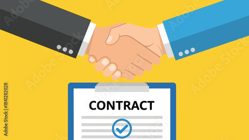 Business handshake over a contract document, agreement and partnership concept illustration