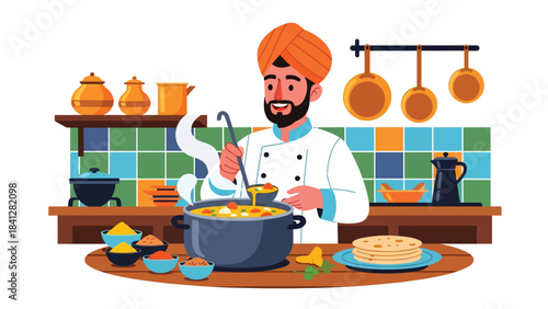 Chef cooking curry in pot surrounded by spices. Modern flat vector culinary illustration with clean solid color style