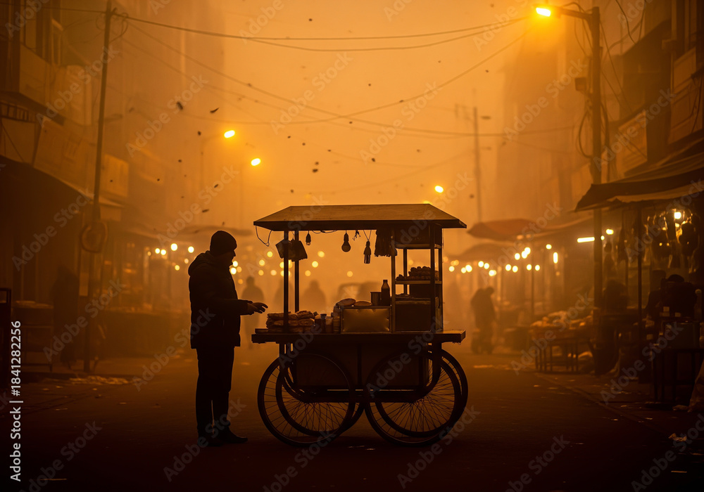 Fototapeta premium Street food vendor with pushcart working in hazardous orange winter smog at night