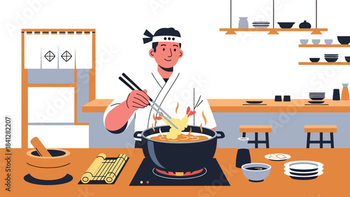 Chef frying tempura in deep pot. Modern flat vector Japanese cooking illustration with solid color palette