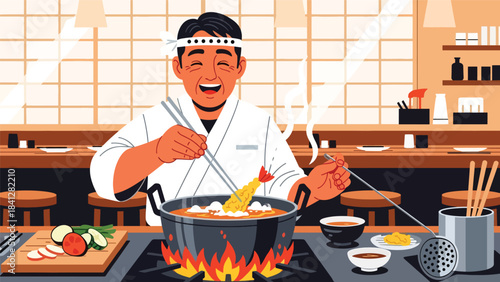 Chef frying tempura in deep pot. Modern flat vector Japanese cooking illustration with solid color palette