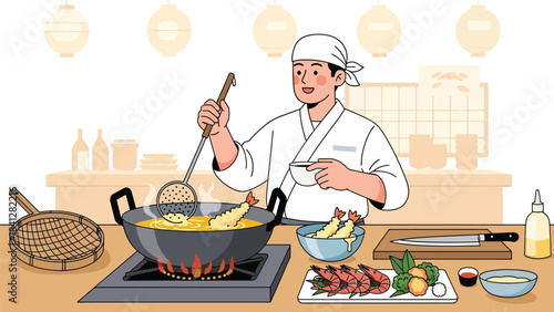 Chef frying tempura in deep pot. Modern flat vector Japanese cooking illustration with solid color palette