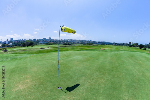 Golf Course Putting Greens Yellow Flag Pins Summer Fairways 