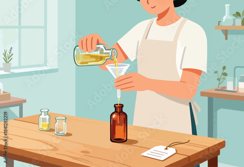 Person pouring liquid from bottle through funnel into amber glass dropper bottle