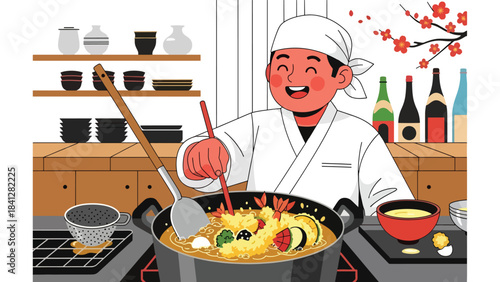Chef frying tempura in deep pot. Modern flat vector Japanese cooking illustration with solid color palette