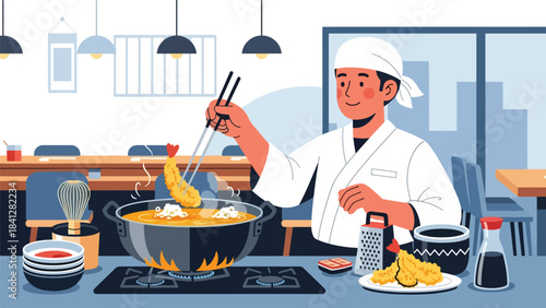 Chef frying tempura in deep pot. Modern flat vector Japanese cooking illustration with solid color palette