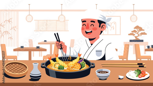 Chef frying tempura in deep pot. Modern flat vector Japanese cooking illustration with solid color palette