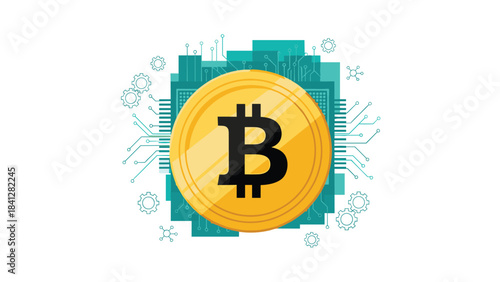 Golden bitcoin coin with black symbol on digital background with green circuit board elements