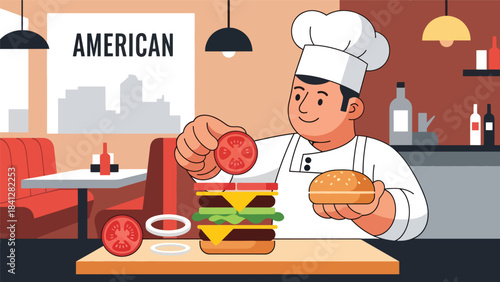 Chef assembling gourmet burger with fresh toppings. Modern flat vector culinary illustration in clean solid tones