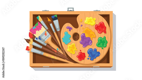 Colorful artists paintbox with palette and brushes for painting and art projects isolated on white background