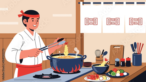 Chef frying tempura in deep pot. Modern flat vector Japanese cooking illustration with solid color palette