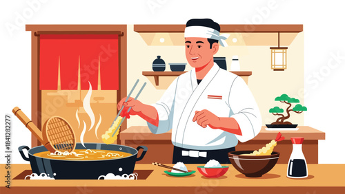 Chef frying tempura in deep pot. Modern flat vector Japanese cooking illustration with solid color palette