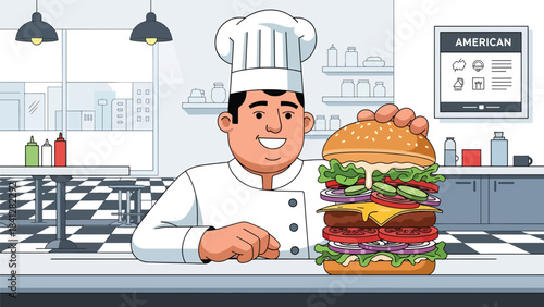 Chef assembling gourmet burger with fresh toppings. Modern flat vector culinary illustration in clean solid tones