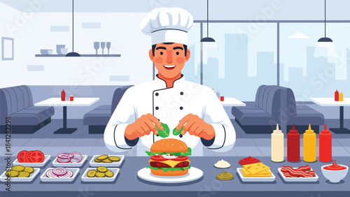 Chef assembling gourmet burger with fresh toppings. Modern flat vector culinary illustration in clean solid tones