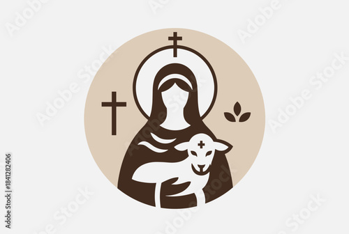 Stylized religious icon depicting a veiled figure with a halo holding a lamb, surrounded by Christian crosses and a plant symbol.