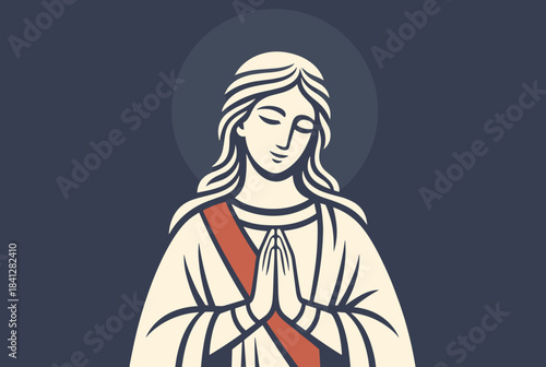 Stylized illustration of a serene woman with a halo, hands clasped in prayer, wearing a robe and red sash against a dark background.