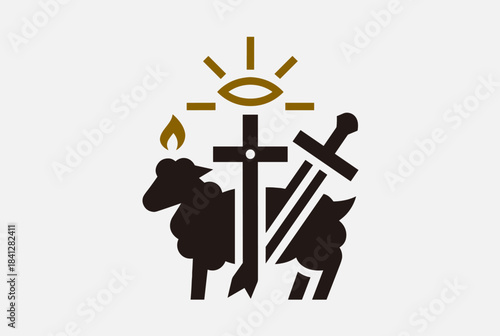 A symbolic emblem featuring a lamb, cross, sword, burning candle, and an eye with rays, representing religious and spiritual concepts.