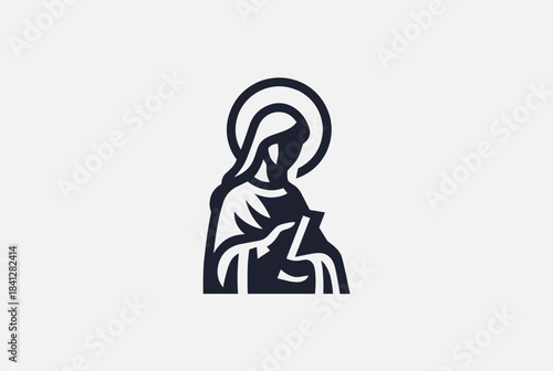 Stylized minimalist icon of a religious figure with a halo, possibly Mary, in a dark silhouette against a light background.