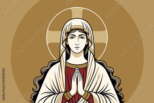 Illustration of a serene woman with a halo and clasped hands, depicting a religious figure in prayer.