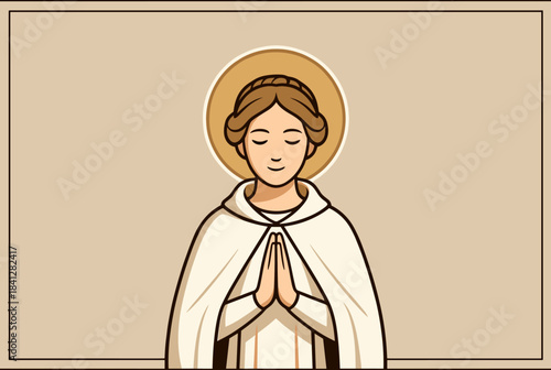 Stylized illustration of a female saint or religious figure with a halo, hands clasped in prayer, wearing a white cloak.