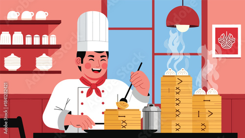 Chef preparing dim sum with bamboo steamers. Modern flat vector Asian culinary illustration in solid colors