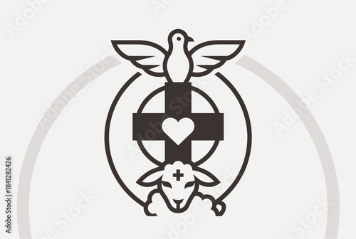 A monochromatic emblem featuring a dove, a cross with a heart, and a lamb with a shepherd's crook, symbolizing Christian faith and love.