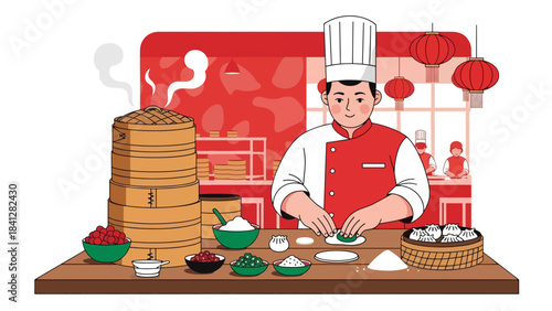 Chef preparing dim sum with bamboo steamers. Modern flat vector Asian culinary illustration in solid colors