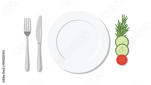 A white plate with a knife and fork next to sliced cucumber and tomato with a sprig of rosemary on a white background