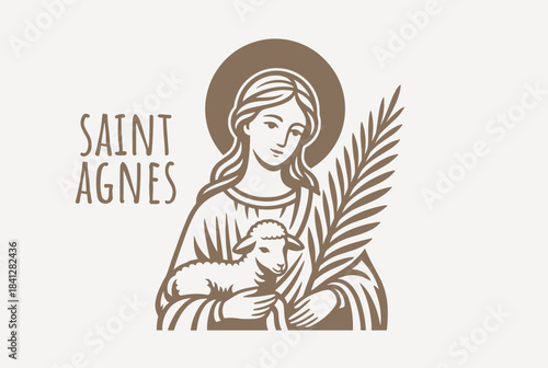 Stylized illustration of Saint Agnes holding a lamb and a palm frond, with a halo, in a monochrome vintage style.