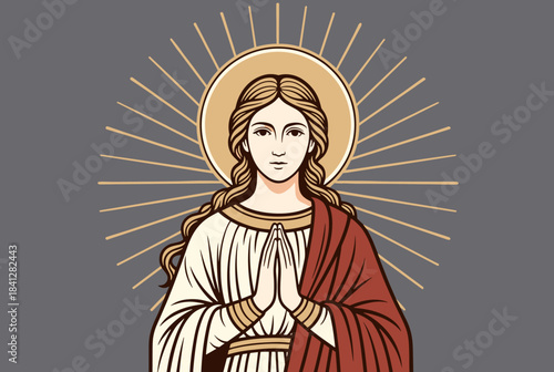 Stylized illustration of a serene woman with a golden halo and clasped hands, depicting a religious or saintly figure.