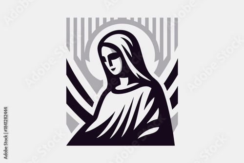 Stylized monochromatic illustration of a veiled woman with a halo, looking down, depicting a religious figure like the Virgin Mary.