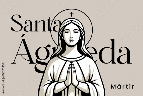 Stylized illustration of Saint Agatha (Santa Ágreda) with a halo and praying hands, depicted as a martyr.