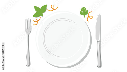 A white plate with a fork and knife on either side and some green leaves and orange curls on top, isolated on white background