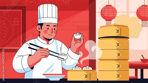 Chef preparing dim sum with bamboo steamers. Modern flat vector Asian culinary illustration in solid colors