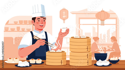 Chef preparing dim sum with bamboo steamers. Modern flat vector Asian culinary illustration in solid colors