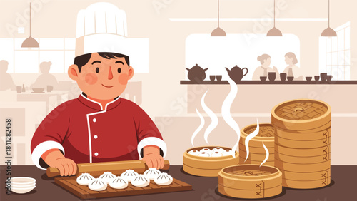 Chef preparing dim sum with bamboo steamers. Modern flat vector Asian culinary illustration in solid colors