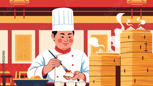 Chef preparing dim sum with bamboo steamers. Modern flat vector Asian culinary illustration in solid colors