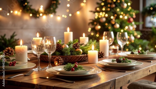 Wooden dining table set with burning white candles empty wine glasses elegant plates and festive Christmas decorations