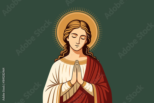A serene illustration of a woman with a halo and closed eyes, hands clasped in prayer, wearing white and red garments against a dark green background.