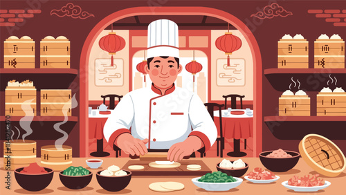 Chef preparing dim sum with bamboo steamers. Modern flat vector Asian culinary illustration in solid colors