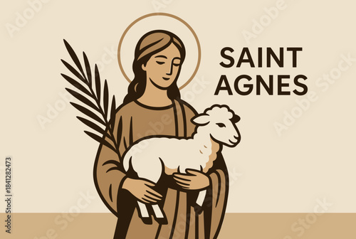 Illustration of Saint Agnes with a halo, holding a lamb and a palm branch, depicted in a two-tone, simplified style.