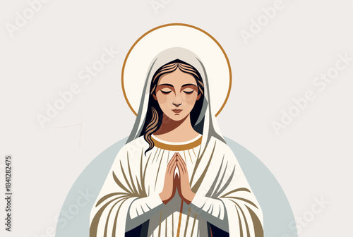 Stylized illustration of the Virgin Mary with a halo, hands clasped in prayer, depicting reverence and spiritual devotion.