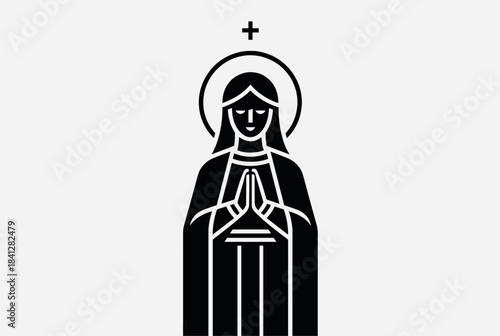 Minimalist black and white illustration of a praying female saint with a halo and cross, depicted in a modern, geometric style.