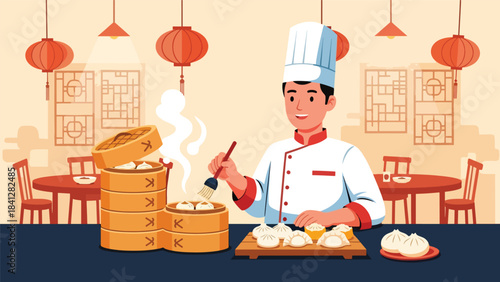 Chef preparing dim sum with bamboo steamers. Modern flat vector Asian culinary illustration in solid colors
