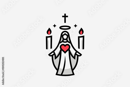 Minimalist line art illustration of a religious figure with a halo, cross, heart, and candles, symbolizing faith and devotion.
