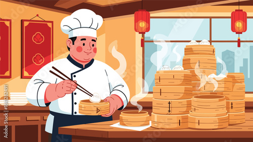 Chef preparing dim sum with bamboo steamers. Modern flat vector Asian culinary illustration in solid colors